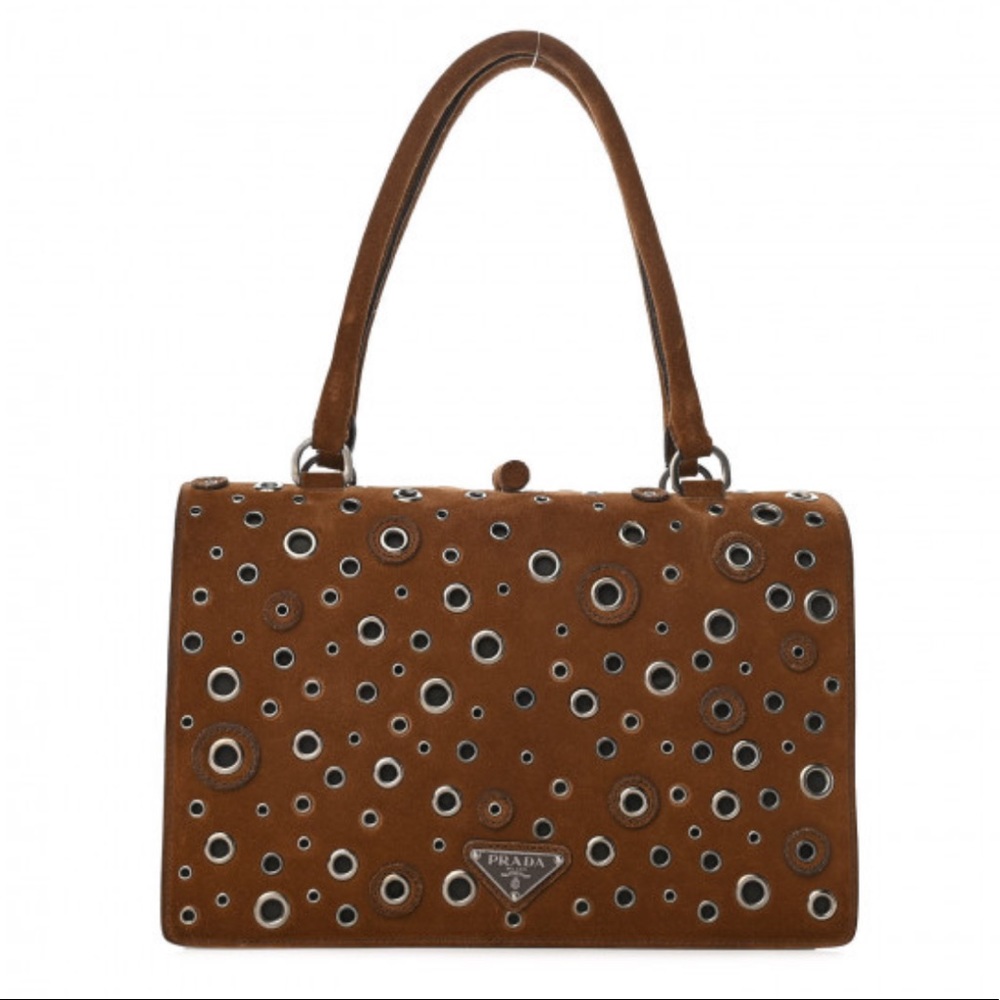 PRADA Suede Grommet Frame Satchel Purse: Tabacco